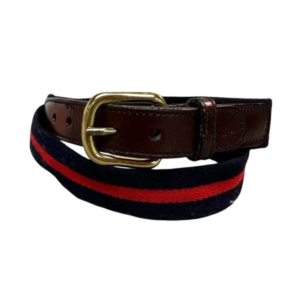 Mens Navy Red Striped Canvas Leather Surcingle Belt Brass Buckle 32 58505 86